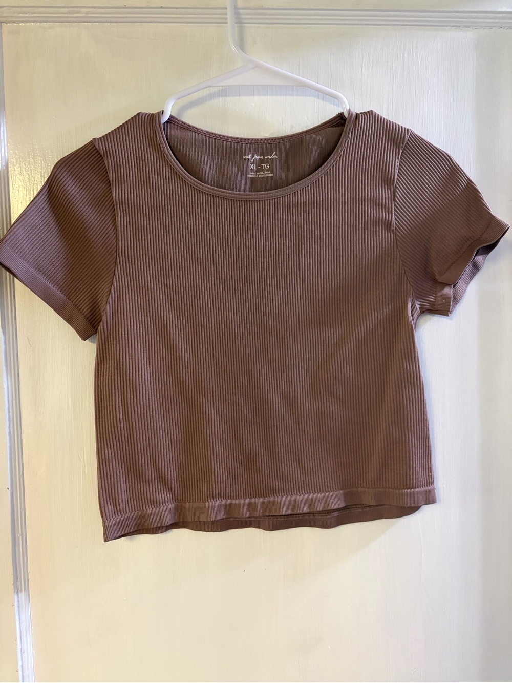 Urban Outfitters Ribbed Short Sleeve Crop Top - Mauve Brown